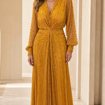 Elegant V-Neck Beaded Long Sleeve Evening Maxi Dress