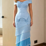 Elegance Tiered Fringe Off-Shoulder Evening Gown