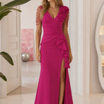 Elegant V-Neck Ruffled Slit Evening Gown with Beaded Floral Detail
