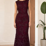 Sleeveless Floral Lace Mermaid Maxi Dress with Boat Neckline