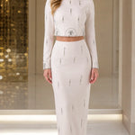 Rhinestone Embellished Long Sleeve Crop Top and Midi Skirt Two-Piece Set