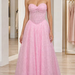 Strapless Glitter Tulle Sweetheart Corset Evening Gown