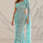 One-Shoulder 3D Floral Applique Cutout Maxi Evening Dress
