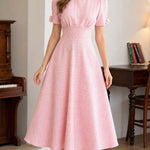 Elegant Short Sleeve Woven A-Line Midi Dress with Puff Sleeves