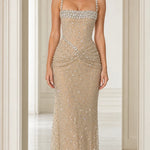 Rhinestone Embellished Ruched Waist Evening Gown with Crystal Neckline