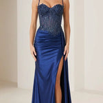 Sleeveless Beaded Corset Slit Formal Evening Dress