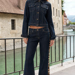 Women's Cropped Denim Jacket and Animal Print Stripe Flare Pants Two-Piece Set