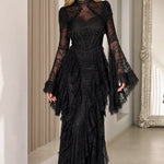Gothic Lace Corset Maxi Dress with Dramatic Bell Sleeves and Tiered Ruffle Skirt