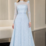 Elegant Mock Neck Long Sleeve Lace A-Line Formal Evening Gown