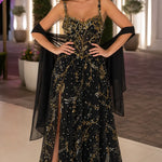 Sequined Botanical Embroidered Sleeveless Evening Gown with High Slit