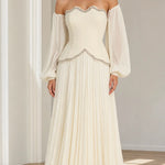 Off-The-Shoulder Beaded Scallop Choker Pleated Maxi Evening Gown