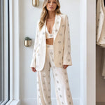 Women's 3-Piece Rhinestone Embellished Blazer Crop Top & Wide Leg Pants Set