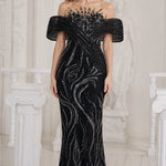 Sequined Off-Shoulder Illusion Mermaid Evening Gown