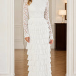 Elegant Lace Mock Neck Tiered Ruffle Maxi Dress