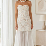 Strapless Embroidered Lace Drop Waist Maxi Dress