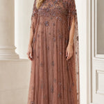 Elegant Beaded Mesh Cape Maxi Dress