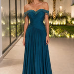 Off-The-Shoulder Beaded Fringe Ruched Chiffon Evening Gown