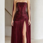 Strapless Ruched Metallic Pleated Maxi Dress with Scarf Cape Detail