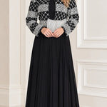Sequined Jacket Overlay Pleated Maxi Evening Dress with Embellished Waist Detail