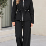 Women's Drawstring Waist Zip-Up Hoodie and Wide Leg Pants Two-Piece Lounge Set