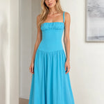Women's Ruched Bust Drop Waist Maxi Dress Sleeveless Flowy Evening Gown