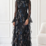 Floral Print Long Sleeve Chiffon Maxi Dress with Cascading Side Ruffles