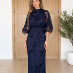 High Neck Embellished Mesh Maxi Dress with Sheer Balloon Sleeves
