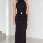 High Neck Sleeveless Glitter Textured Maxi Dress with Waist Ornament