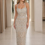 Glitz & Glamour Beaded Halter Neck Evening Gown