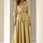 Elegant Satin Wrap Blazer Top and Maxi Skirt Two-Piece Set
