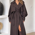 Women's Belted Midi Trench Coat with Draped Cape Detail