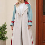 Women's Colorblock Maxi Trench Coat with Belt and Cuff Straps