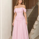 Off-the-Shoulder Beaded Ruched Chiffon Evening Gown