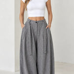 Women's High Waisted Pleated Balloon Pants Plaid Wide Leg Casual Trousers
