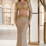 Long Sleeve Sequin Illusion Corset Evening Gown