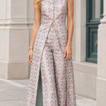 Sleeveless Mandarin Collar Jacquard Maxi Jumpsuit with Slit Overlay