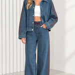 Women's Side Stripe Denim Jacket and Wide Leg Pants Two-Piece Set