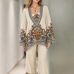 Vintage Baroque Floral Print Tunic Top and Wide Leg Pants Two-Piece Set