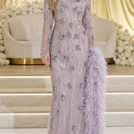 Embellished Long Sleeve Evening Gown with Feather Accents