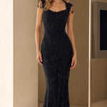 Elegant Beaded Sleeveless Evening Gown with Scalloped Details