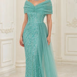 Off-the-Shoulder Sequin Evening Gown with Draped Bodice and Side Tulle Train