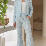 Floral Lace Two-Piece Pant Suit Set with Stand Collar Jacket and Flare Trousers