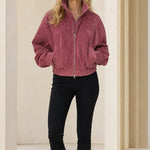 Women's Casual Full-Zip Suede-Look Stand Collar Bomber Jacket
