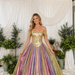 Off-The-Shoulder Mirrored Bodice Pleated Ball Gown with Shimmer Skirt