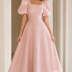 Square Neck Puff Sleeve Embroidered A-Line Midi Dress