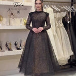 Long Sleeve Beaded Mock Neck Lace A-Line Tea-Length Evening Dress