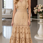Floral Embroidered Lace Tiered Maxi Dress with Ruffle Sleeves