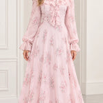 Floral Print Ruffled High-Neck Maxi Dress with Long Sleeves and Pearl Trim