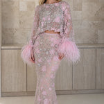 Embellished Two-Piece Feather Trim Crop Top and Maxi Skirt Set