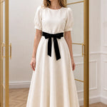 Women's Textured Puff Sleeve A-Line Midi Dress with Velvet Waist Tie
